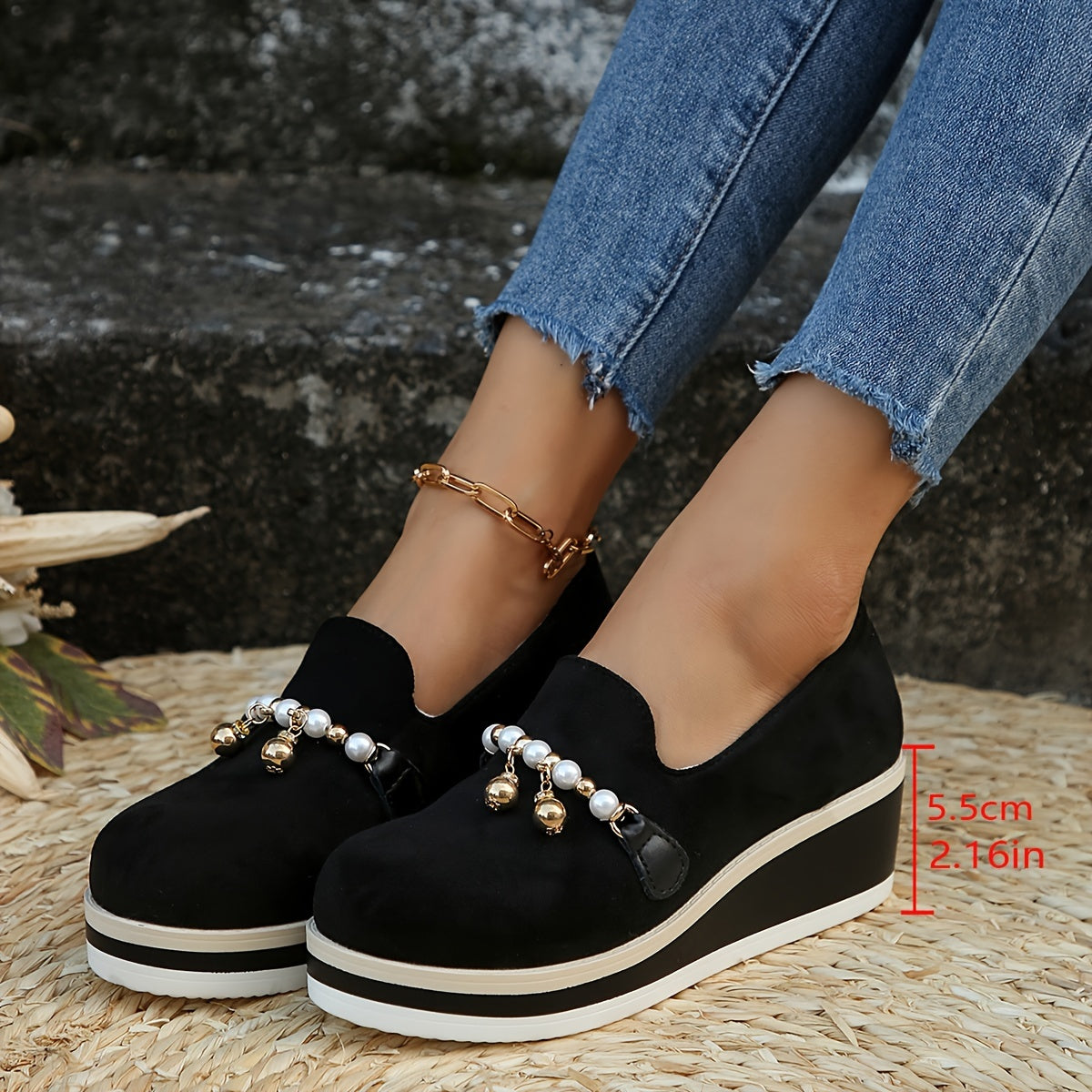 Women's Vintage Solid Color Penny Loafers with Pearl Embellishment