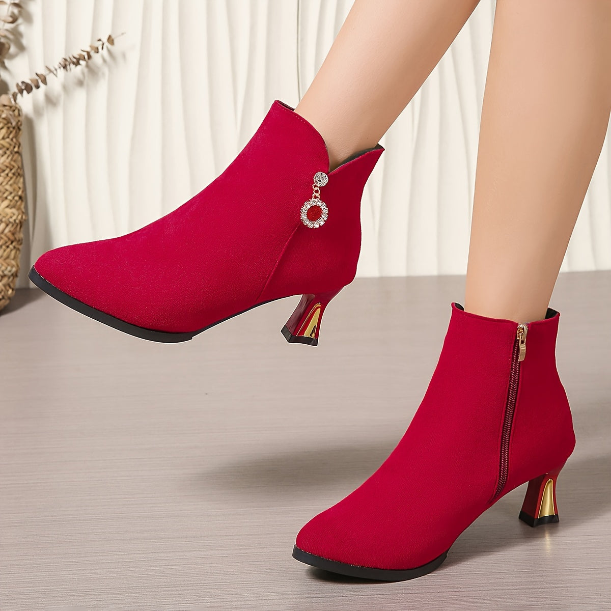 Women's Rhinestone Decor Block Heeled Boots Pointed Toe Side Zipper Short Boots