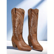 Women's Plus Size Long Western Cowboy Boots with Pointed Toe and Mid Heels
