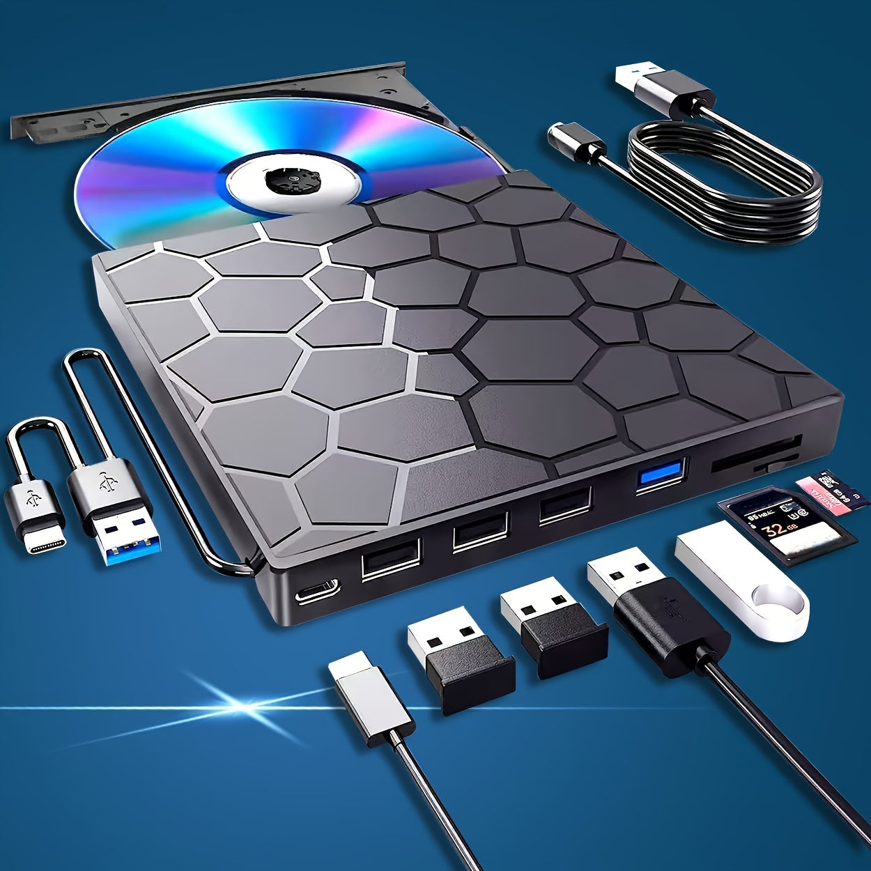 USB 3.0 Type-C port, SD karta o‘qish qurilmasi va turli qurilmalar va operatsion tizimlar bilan mos keladigan ultra-ingichka portativ CD/DVD disk o‘qish qurilmasi.