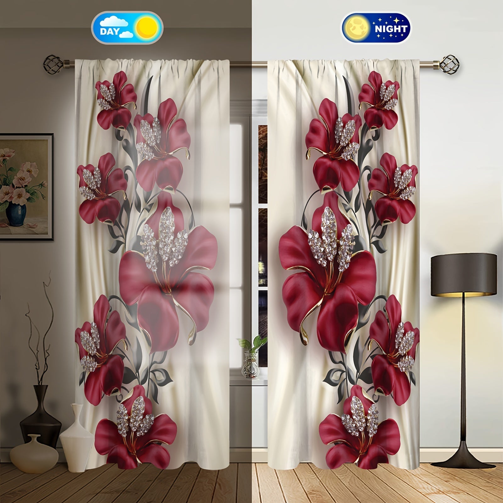 Red Rose Blackout Curtains Polyester Rod Pocket for Bedroom Living Room Office