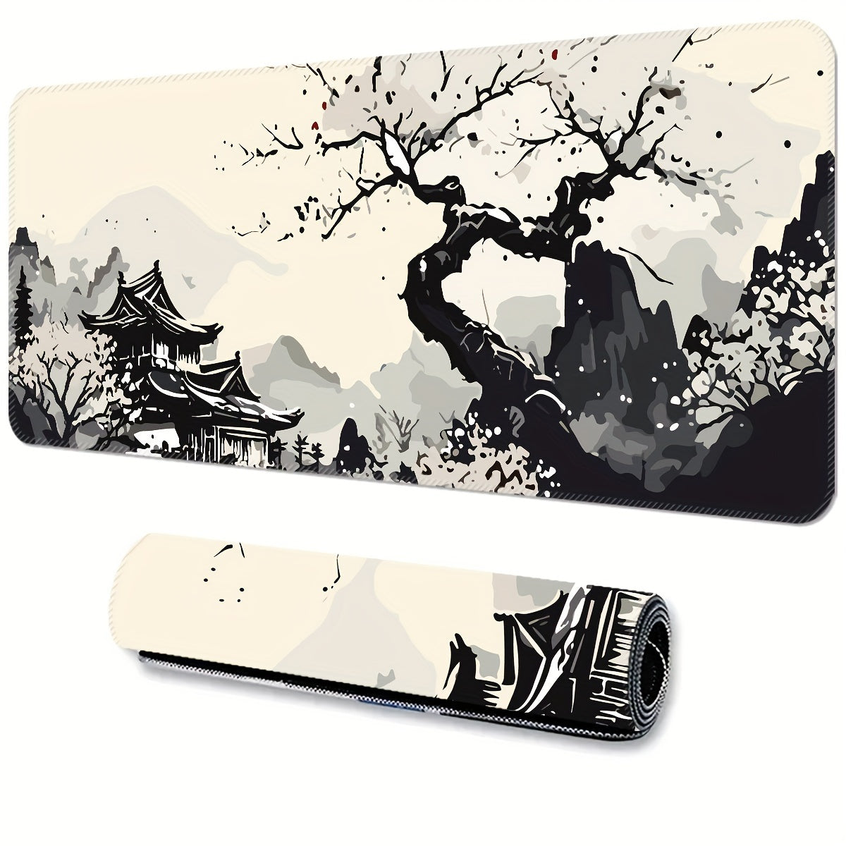 Large Gaming Mouse Pad Washable Non-Slip Rubber Desk Mat Japanese Ink Landscape Design Cherry Blossoms Mountain Scenery