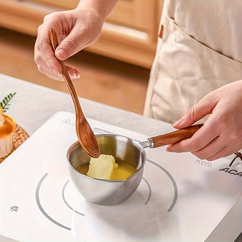 Cazo de acero inoxidable con mango de madera para cocinar y calentar