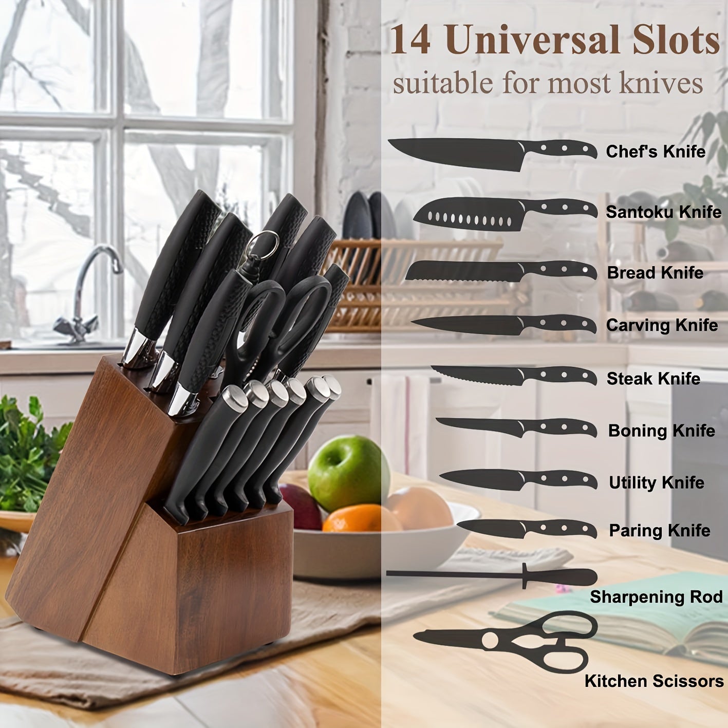 Large Wooden Bamboo Knife Block Organizer, 14 Slot Countertop Storage