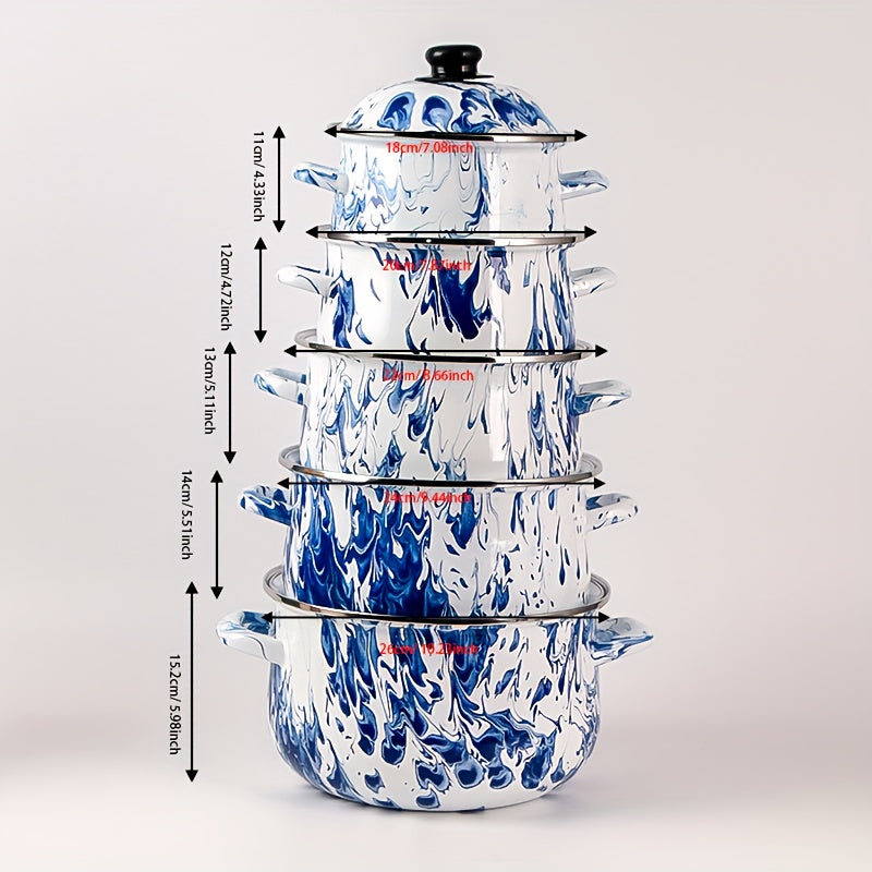 Enamel Cookware Set 5 Pieces Blue Floral Stackable Pots and Pans Kitchen