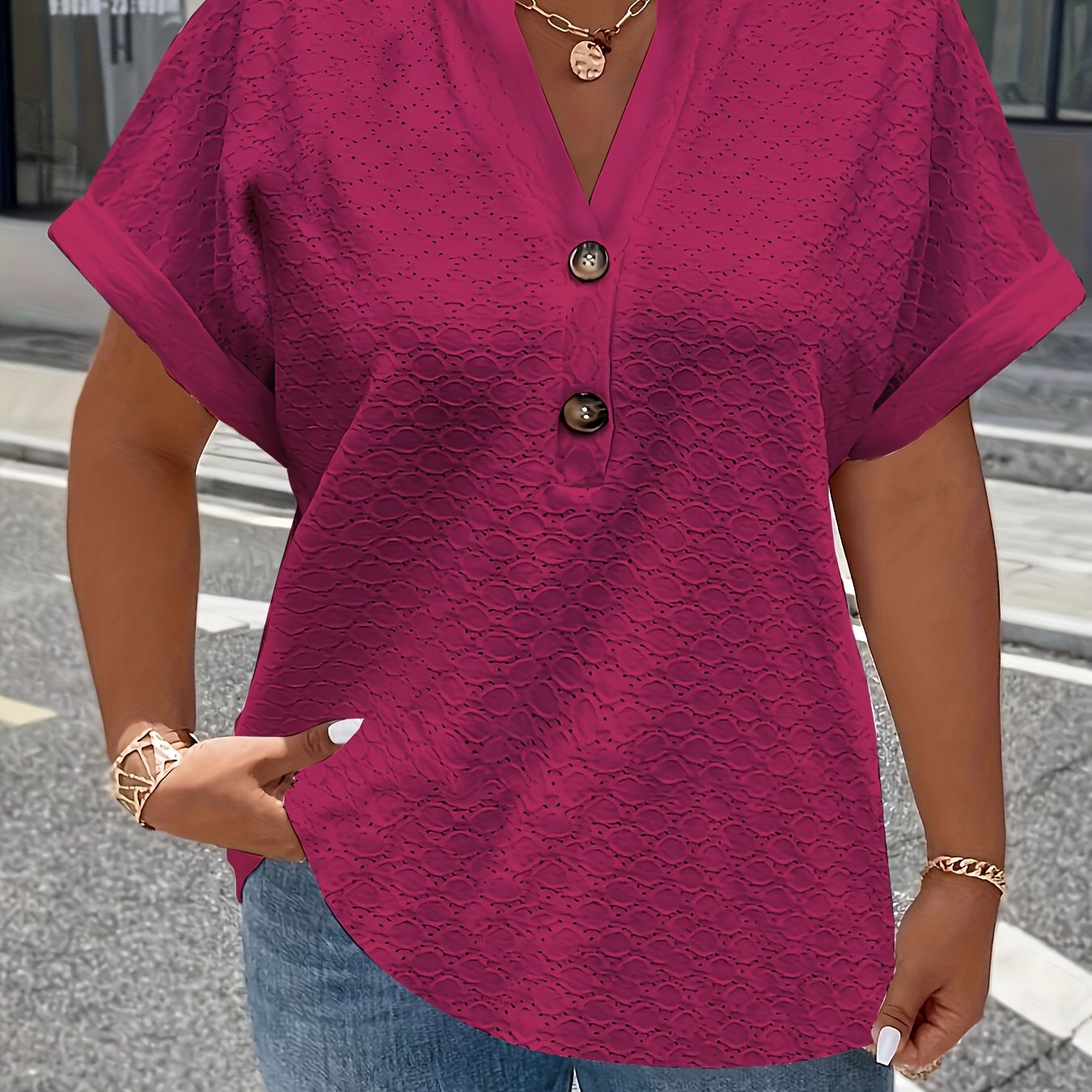 Women's Black Button-Front T-Shirt with Stand-Up Collar Casual Top