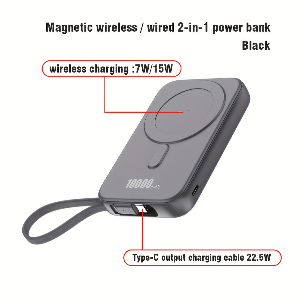 Wireless Power Bank 10000mAh Fast Charging Magnetic Suction with Nylon Cable