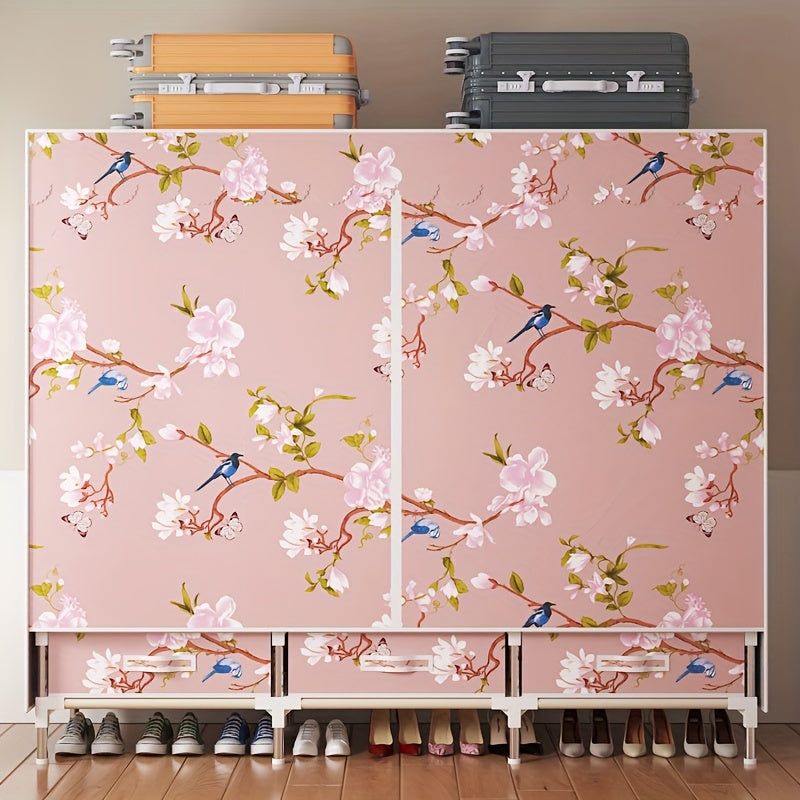Armario con patrón floral y de pájaros en rosa, con funda y estructura metálica para dormitorio o espacio de alquiler