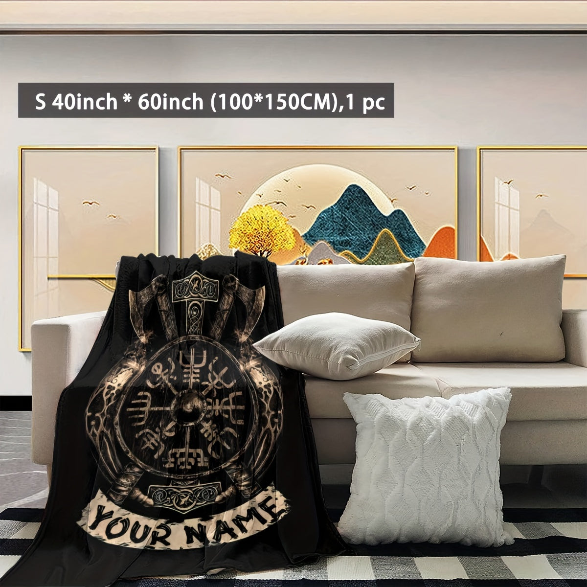 Personalized Viking Totem Print Flannel Blanket Polyester Geometric Shaped All Seasons Gift