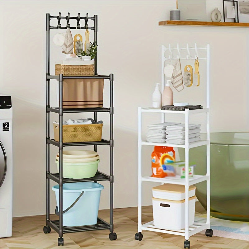 Estantería de almacenamiento de metal con ruedas y ganchos, organizador de múltiples niveles para cocina, baño y sala de estar