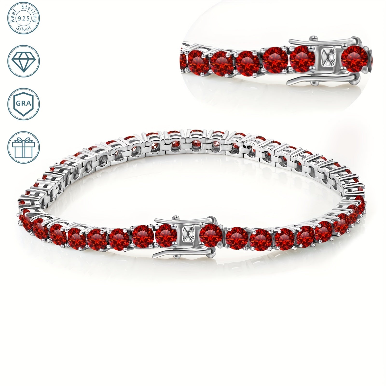 Unisex Red Moissanite Tennis Bracelet 925 Sterling Silver Jewelry Gift for Valentine's Engagement Wedding