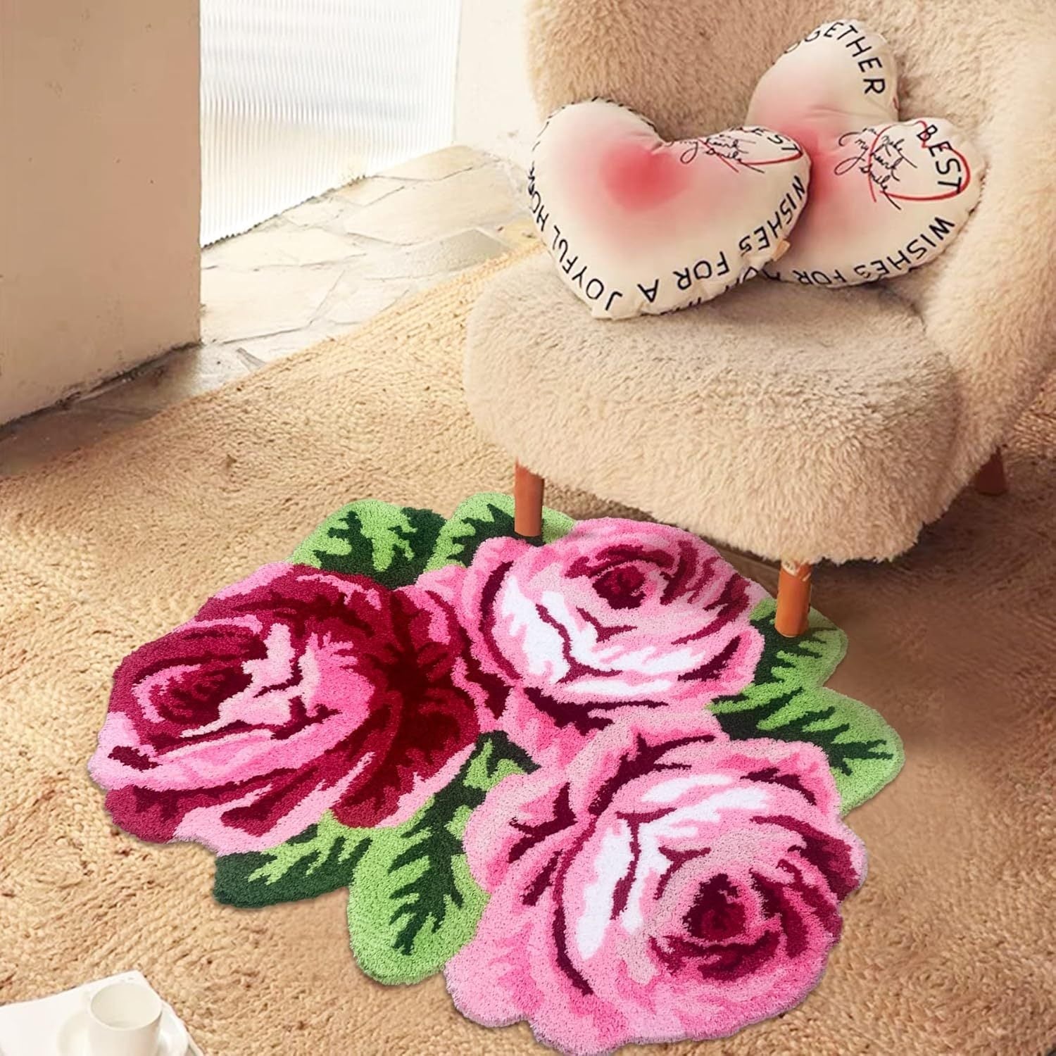Valentine's Day Decor Crystal Velvet Rose Bath Rug Non-Slip 1cm Thick