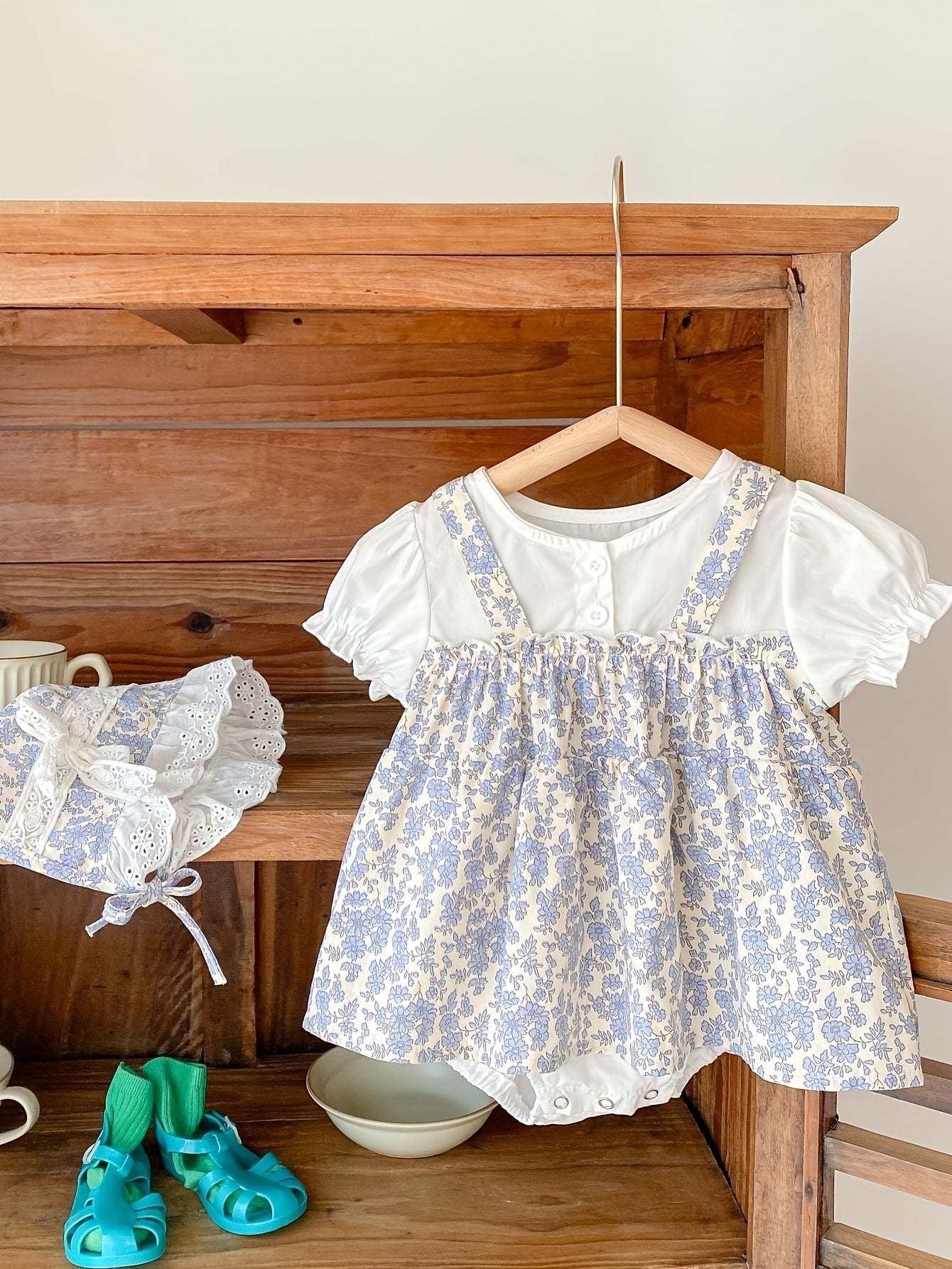 Vestido de ranita floral para bebé niña con mangas abullonadas y sombrero a juego para ropa de verano de bebé y niña pequeña