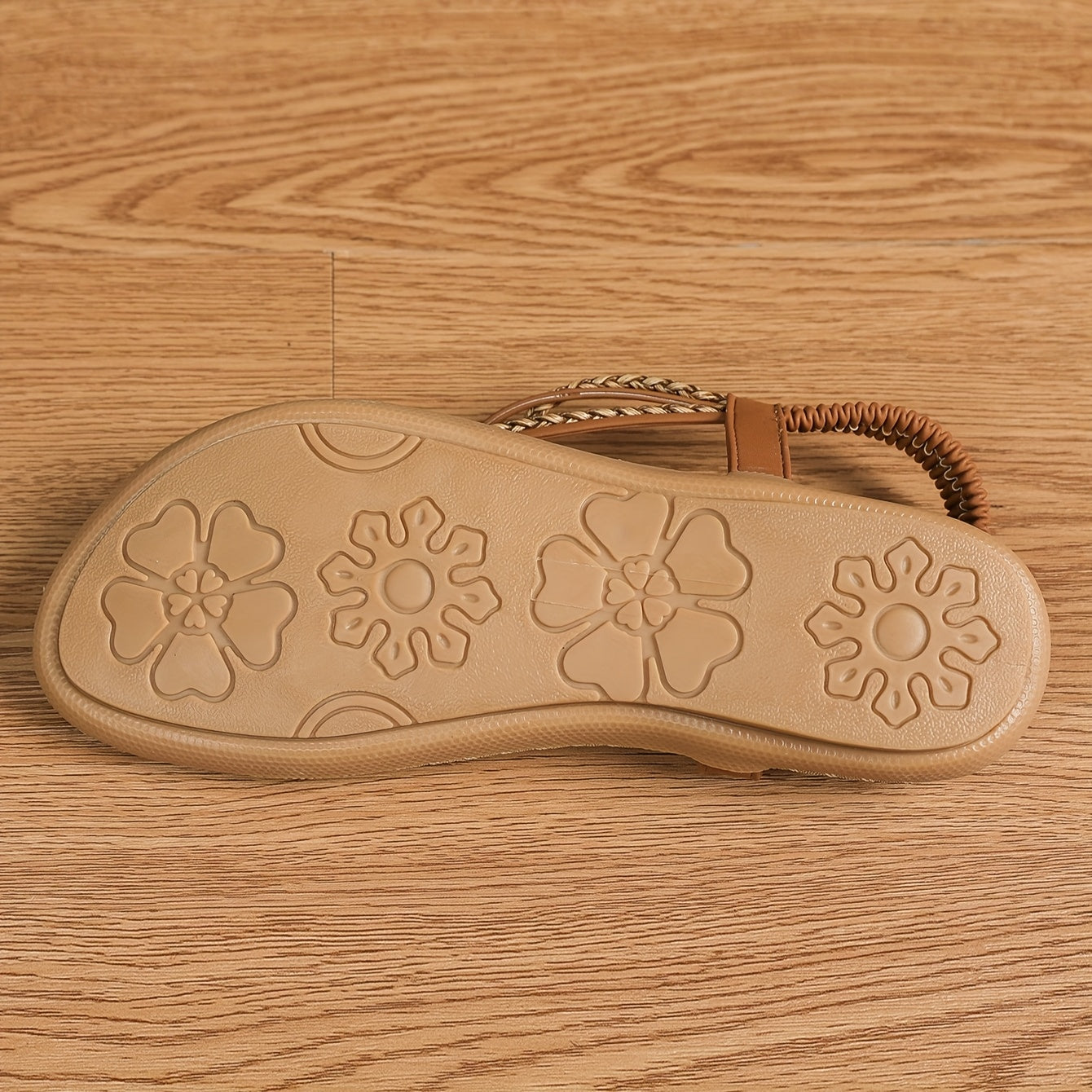 Women's Boho Flat Sandals Rhinestone Floral Open Toe Strappy Summer Brown