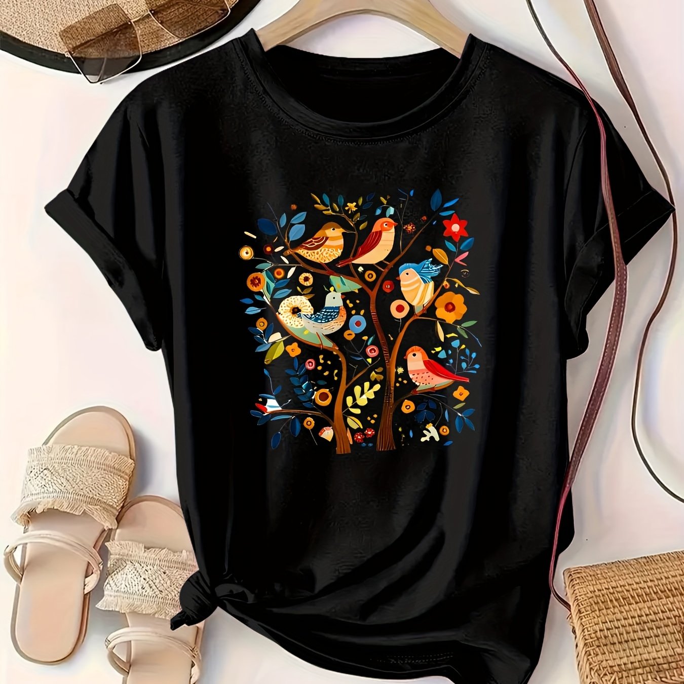 Camiseta de algodón casual para mujer de tallas grandes con estampado de aves coloridas