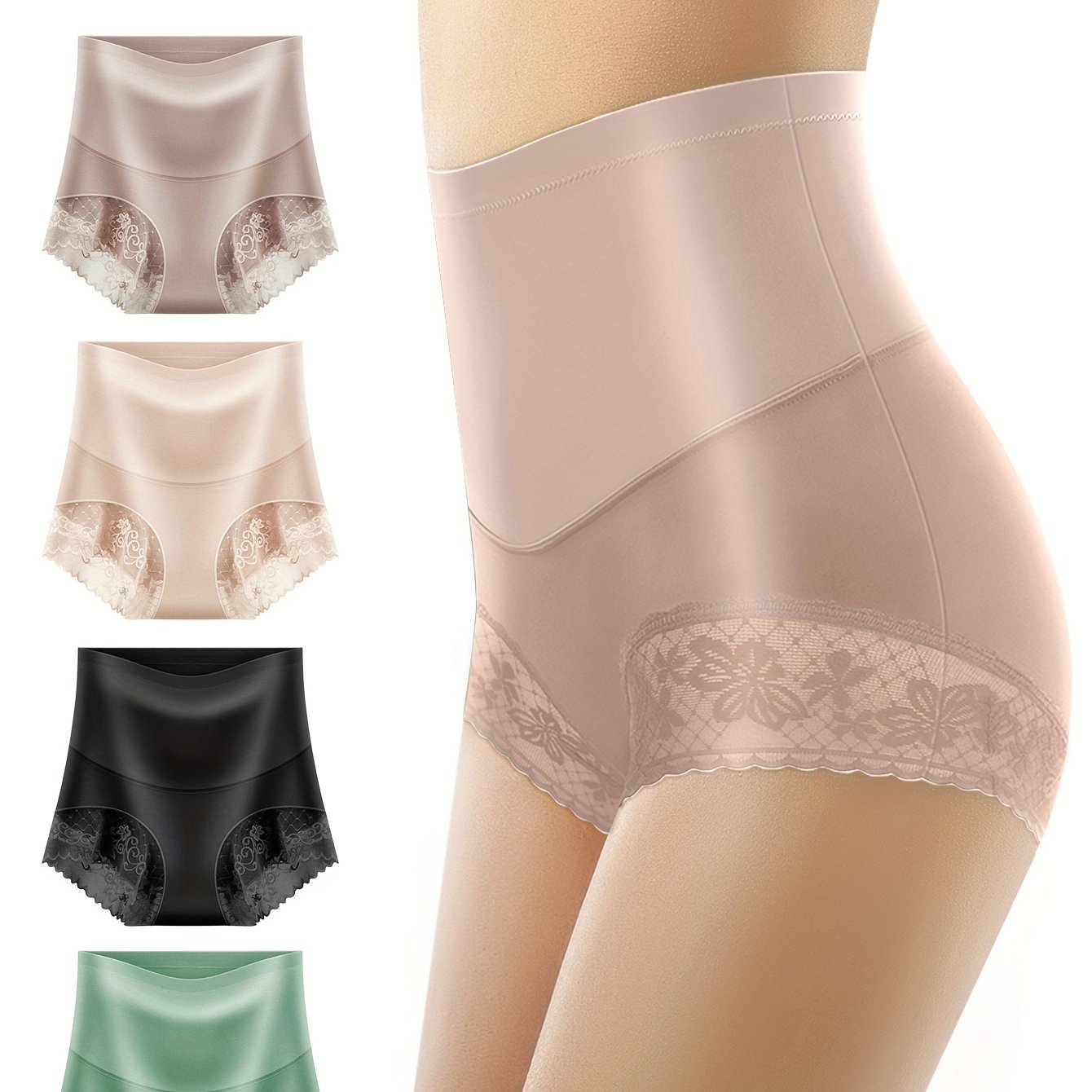 Women's High Waist Lace Trim Briefs 4 Pack Tummy Control Breathable Stretch