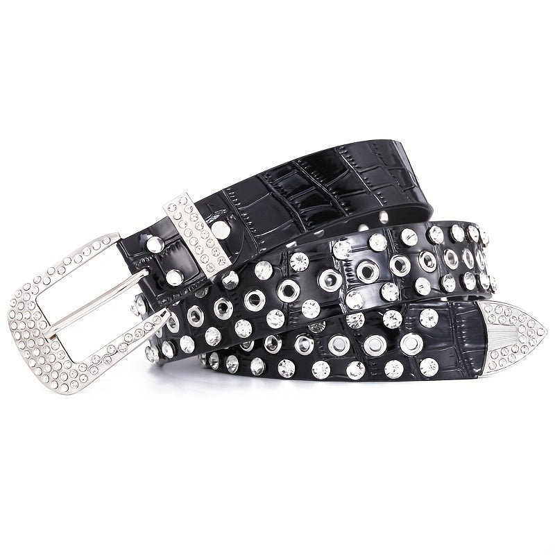 Hollow Out Rhinestone Belt for Women and Men Sparkling PU Leather Cowboy Waist Belt