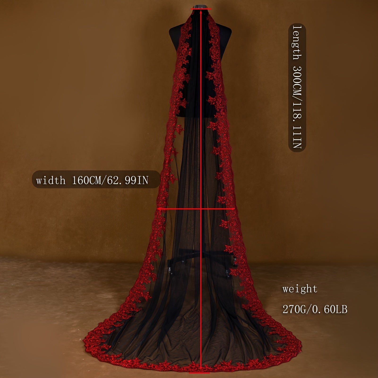 Velo de novia con peine de 3 m de largo, negro burdeos, con bordado, accesorio de boda