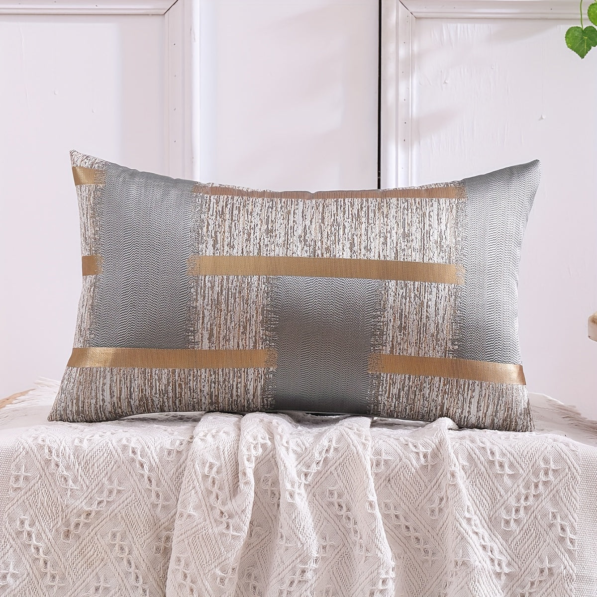 Set of 2 Geometric Pattern Silk Jacquard Throw Pillow Covers Black White Gold for Living Room Sofa Decor