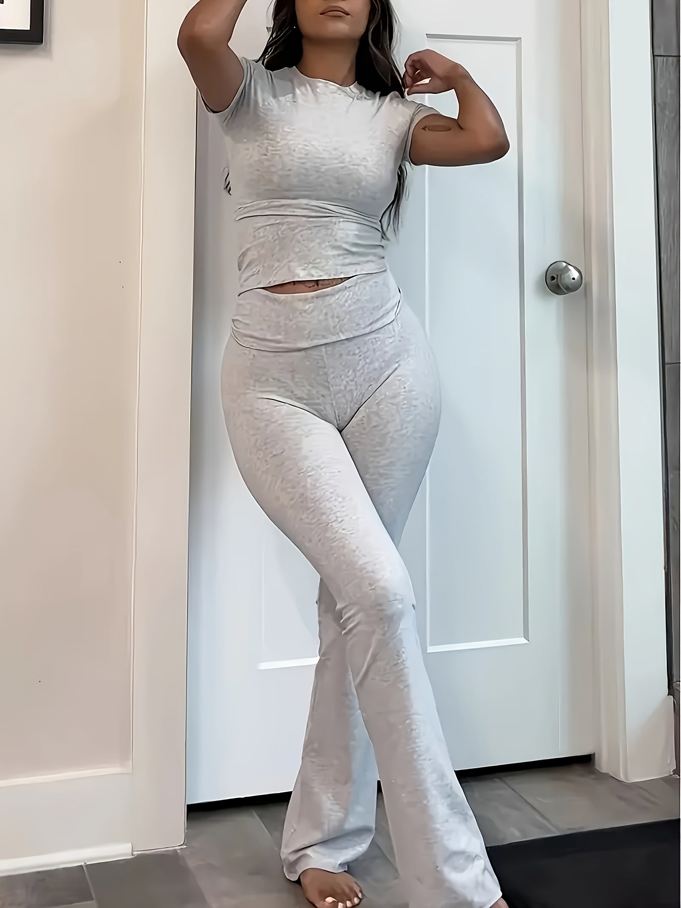 Women's Lounge Set 3-Piece Crop Top Flared Pants Solid Color Knit Modal Comfortable Casual