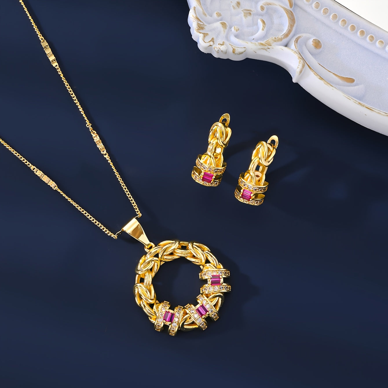 Gold-Plated Jewelry Set with Zirconia Stones for Women 5-Piece Dubai-Inspired