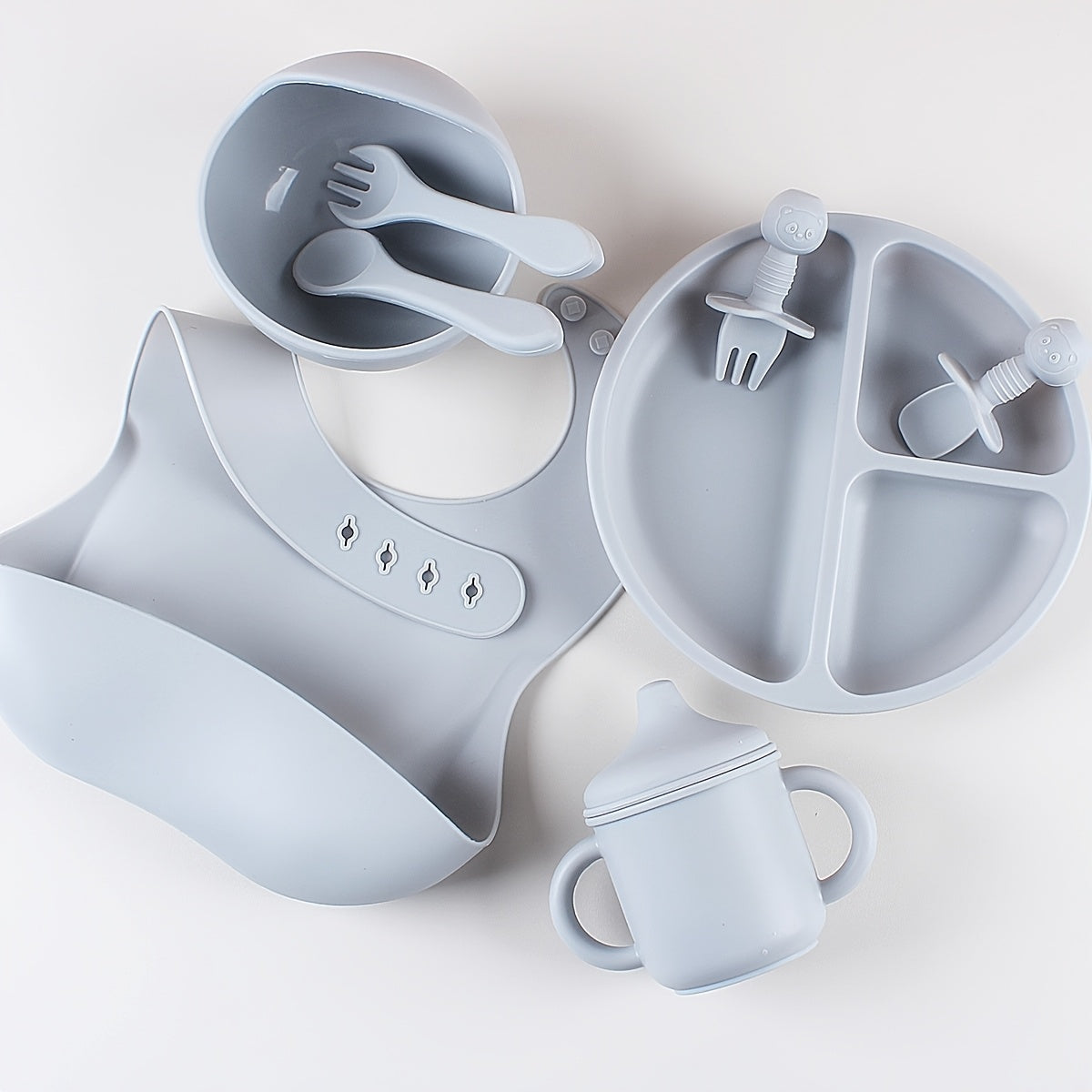 8pcs Silicone Baby Feeding Set Divided Plate Bowl Spoon Fork Bib Learning Cup for Toddlers