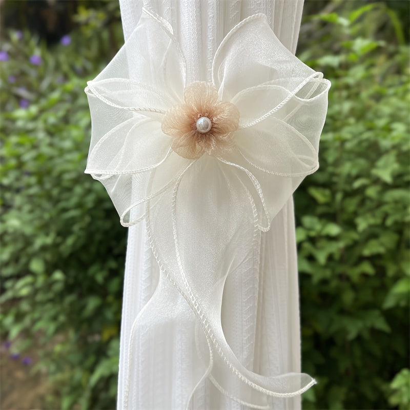 Nordic Style Lace Faux Pearl Flower Bow Curtain Tiebacks for Bedroom Living Room