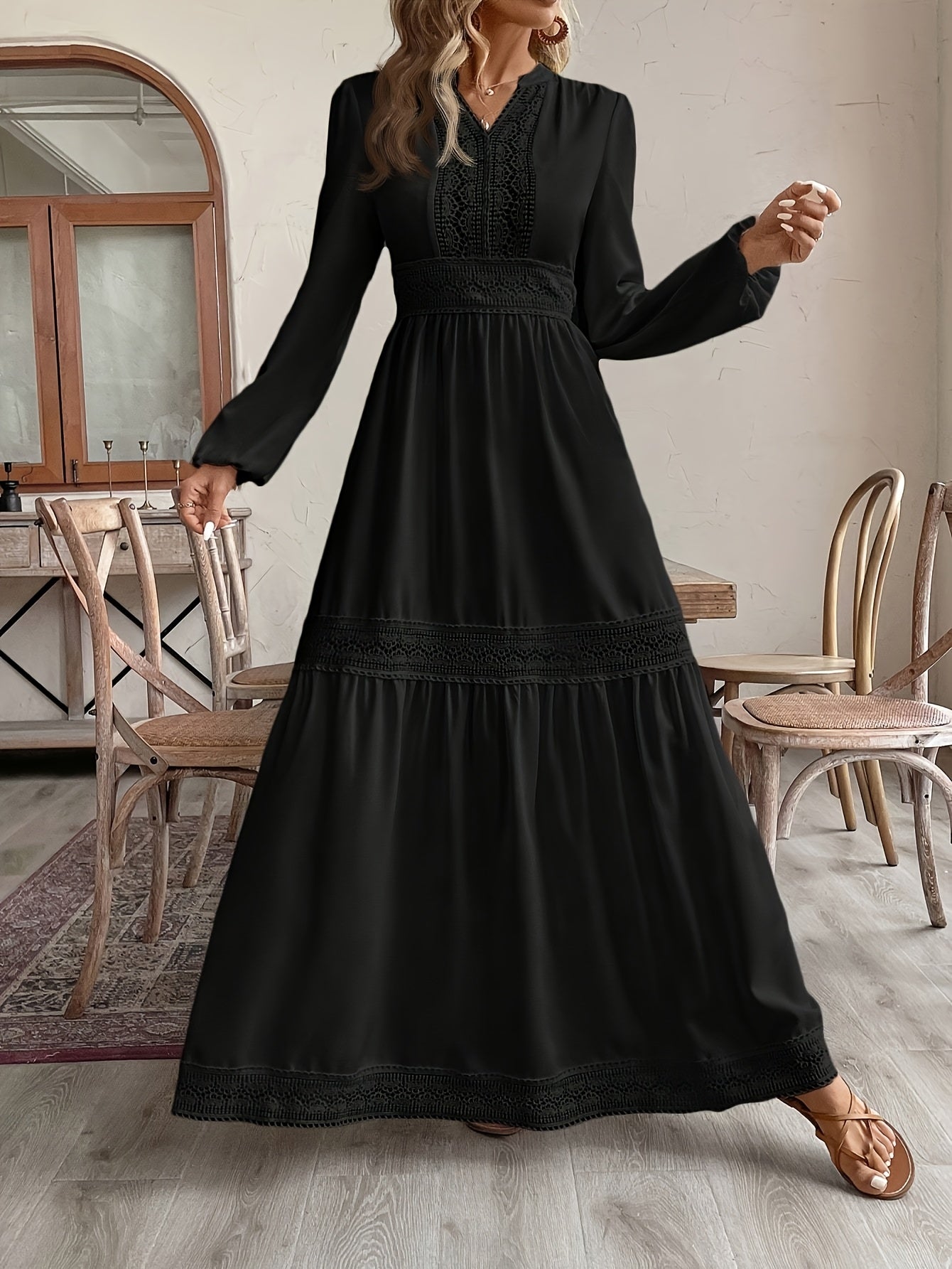Women's Black Maxi Dress with Lace Detailing High Waist Long Sleeves All-Season Polyester