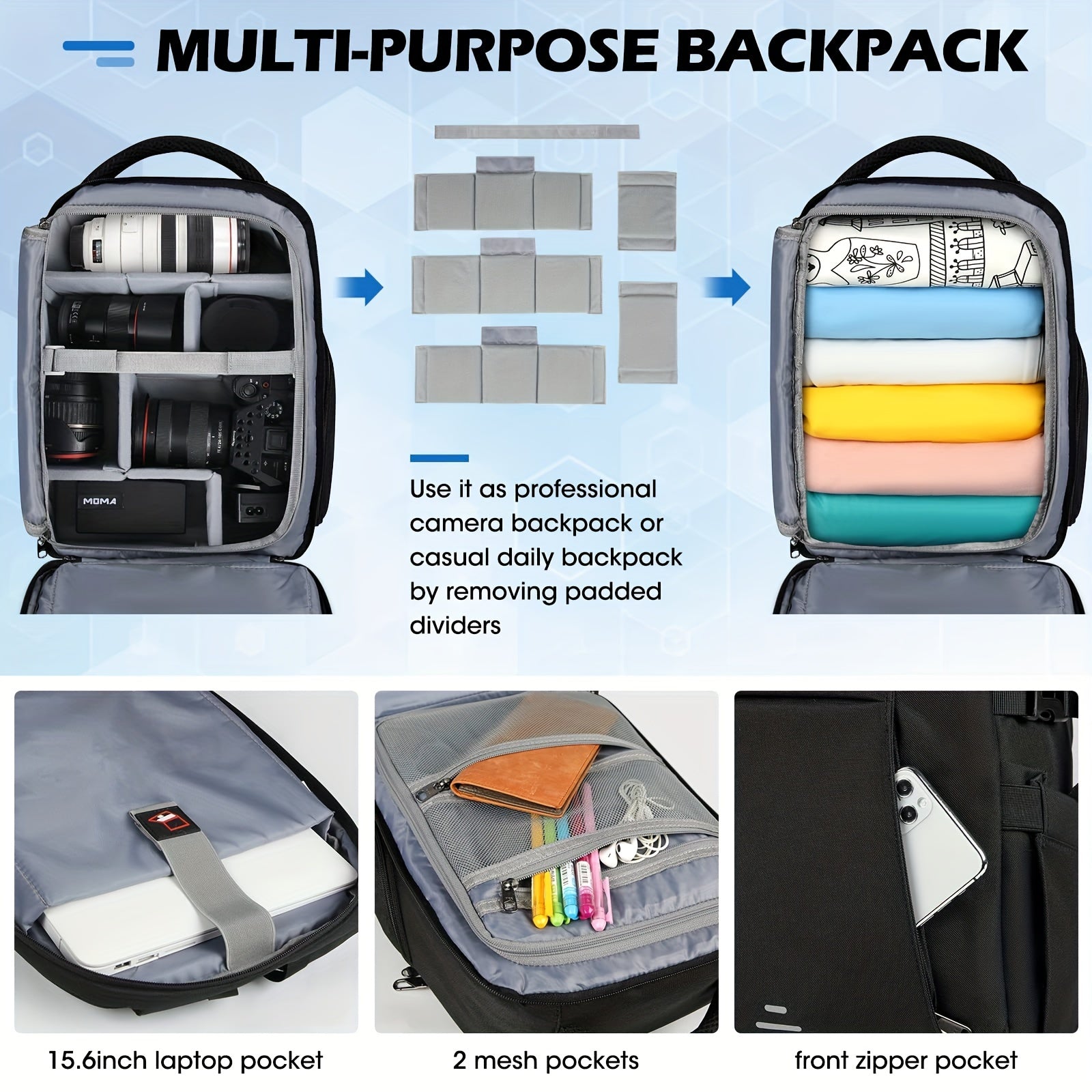 Mochila impermeable para cámaras para hombres y mujeres con compartimento para portátil, cubierta para lluvia, soporte para trípode, anti-robo, gran capacidad, negro