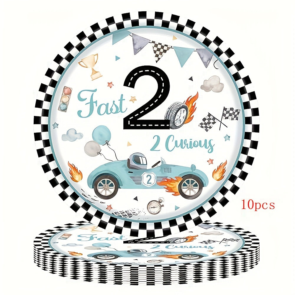 Set of 10 Birthday Party Plates Cups Napkins Paper Dinnerware Blue Race Car Checkered Flag for 2nd Birthdays Tailgate Celebrations
