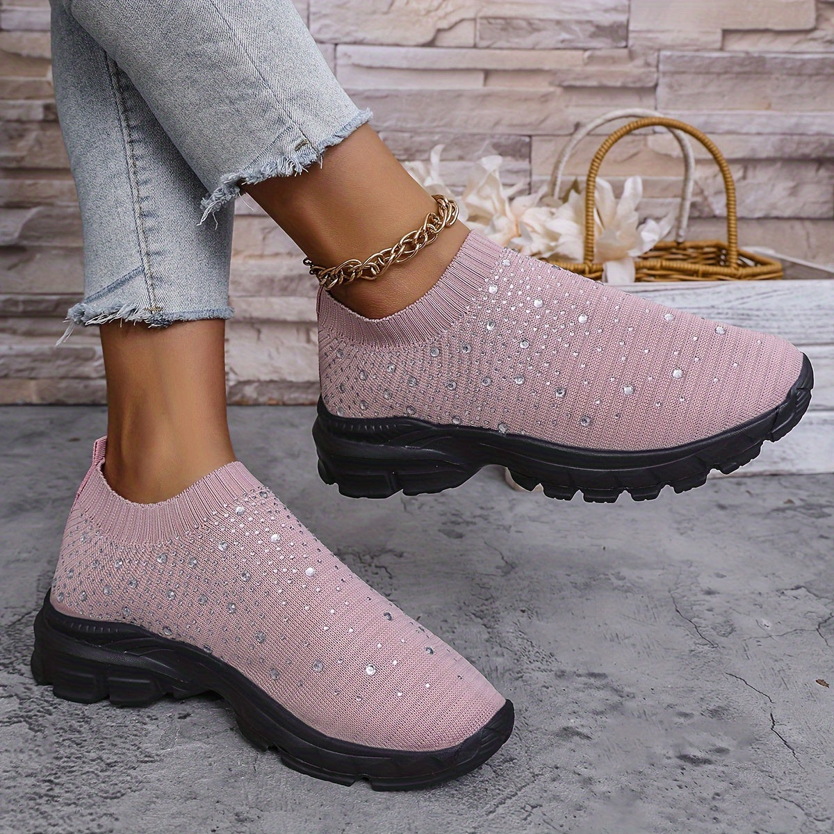 Women's Slip-On Sneakers with Rhinestone Embellishments Fabric Upper EVA Sole