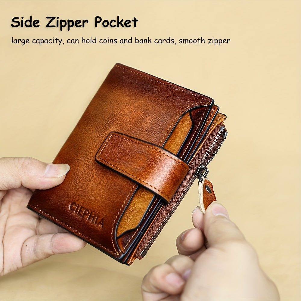 Men's Genuine Leather Wallet RFID Blocking Zipper Coin Pocket Vintage Dark Brown