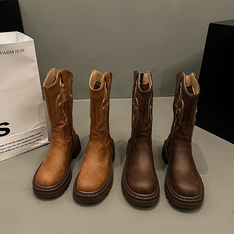 Women's Brown Western Boots | Chunky Mid-Heel, Non-Slip Sole, Round Toe