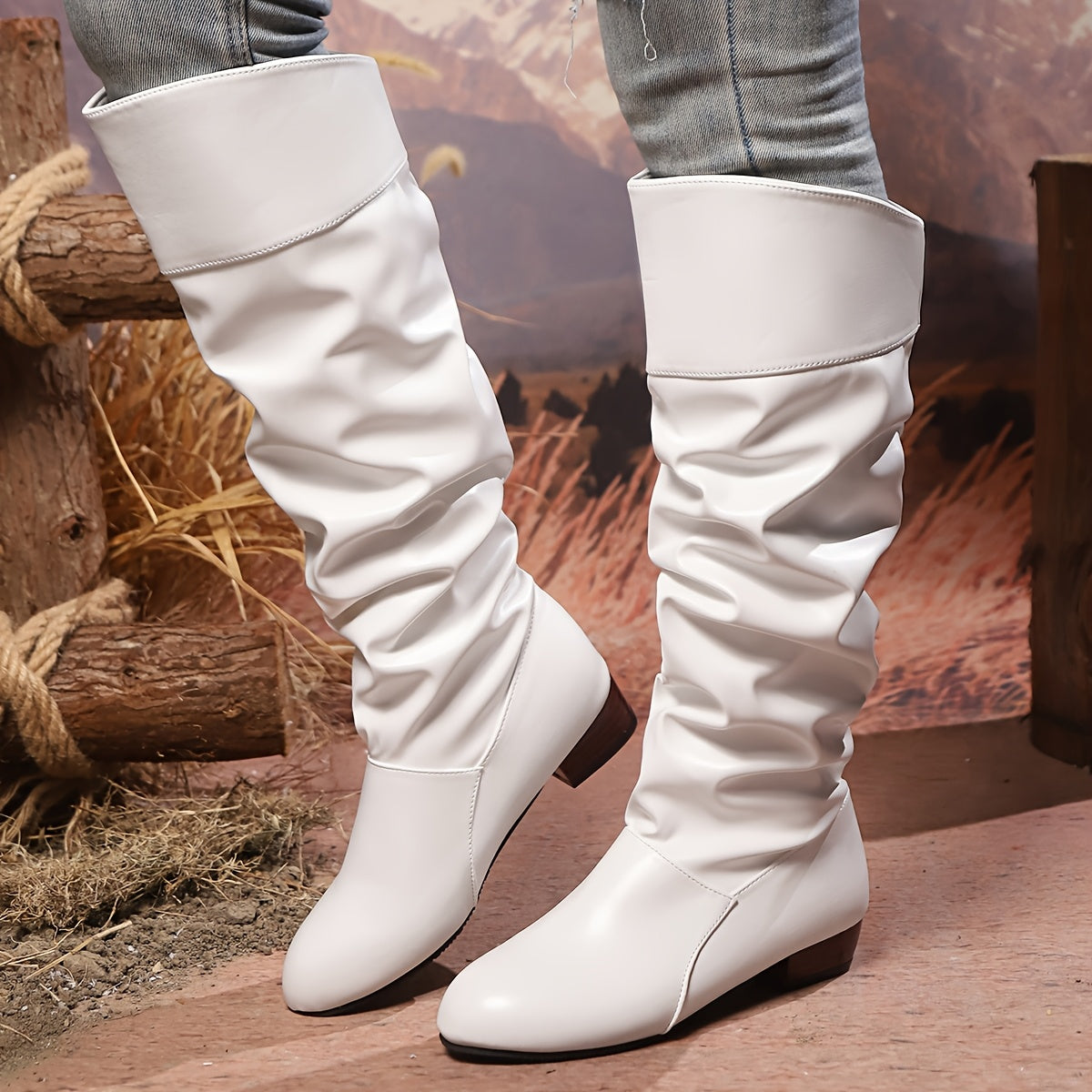 Women's Solid Color Chunky Heel Knee High Boots Slip-On Dress Shoes