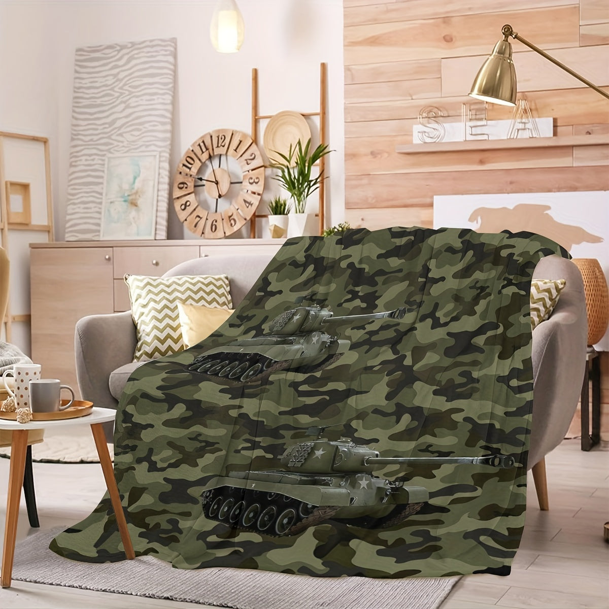 Kids Camouflage Throw Blanket Dark Green Digital Print Tank Car Bed Cover for Boys and Girls