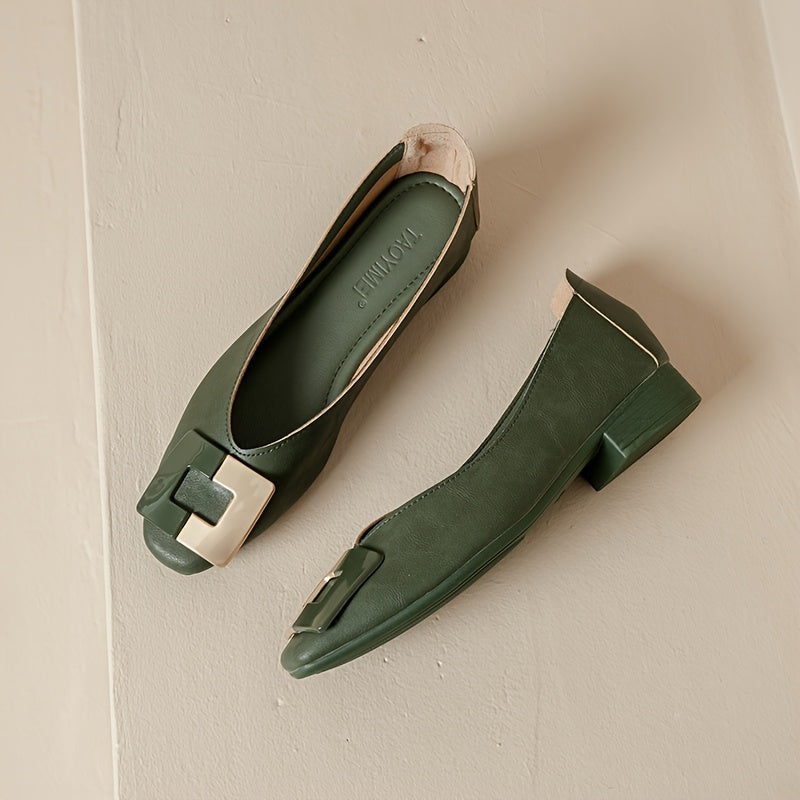 Women's Black Chunky Heel Pumps with Metallic Buckle Square Toe Work Shoes