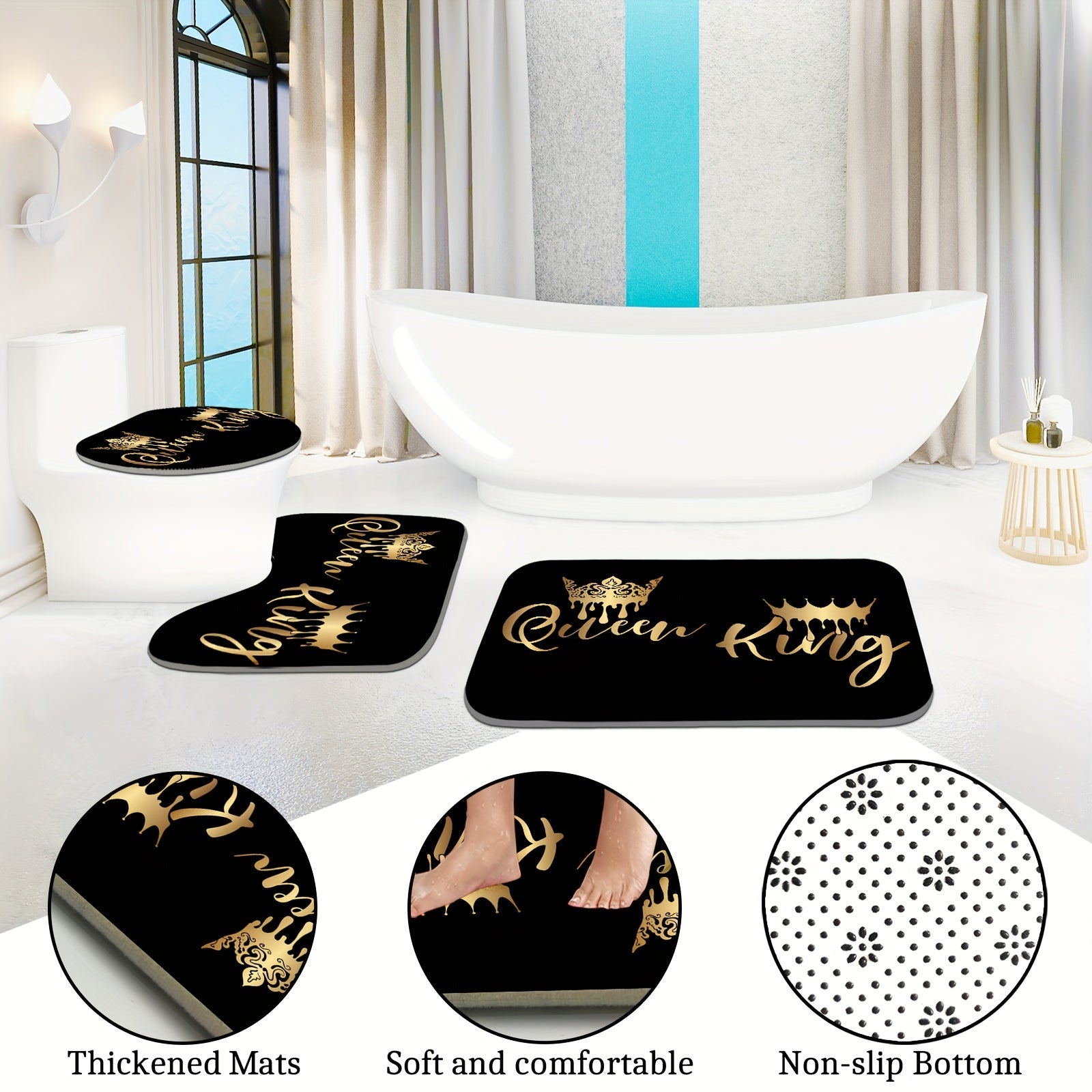 King and Queen Polyester Waterproof Shower Curtain Set with 12 Hooks Non-slip Mat and Floor Mat