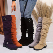 Women's Velvet Knee-High Boots with Buckle, Solid Color, Low Heel