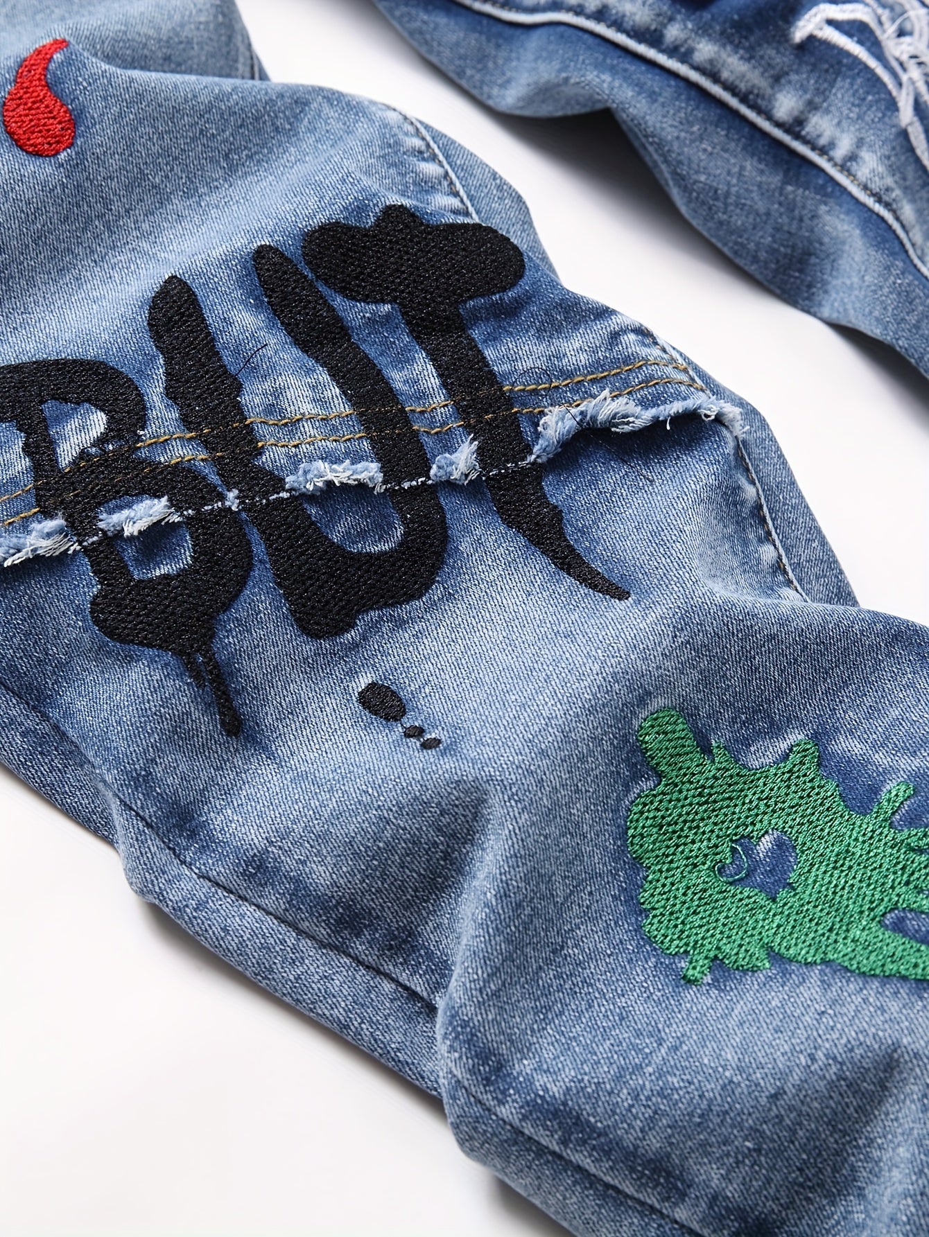 Boys Embroidered Graffiti Jeans with Elastic Waist and Cuffs Cotton Blend All-Season