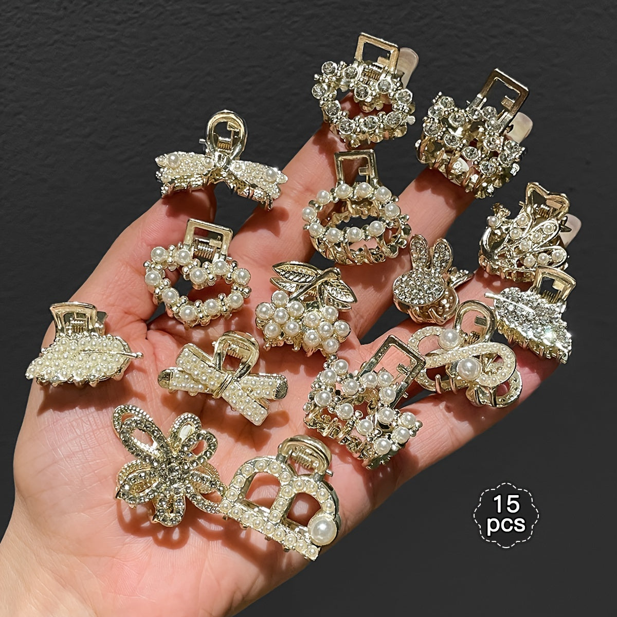 15 dona ayollar uchun sun'iy marjonli yurak shaklidagi soch kliplari yon va orqa styling uchun