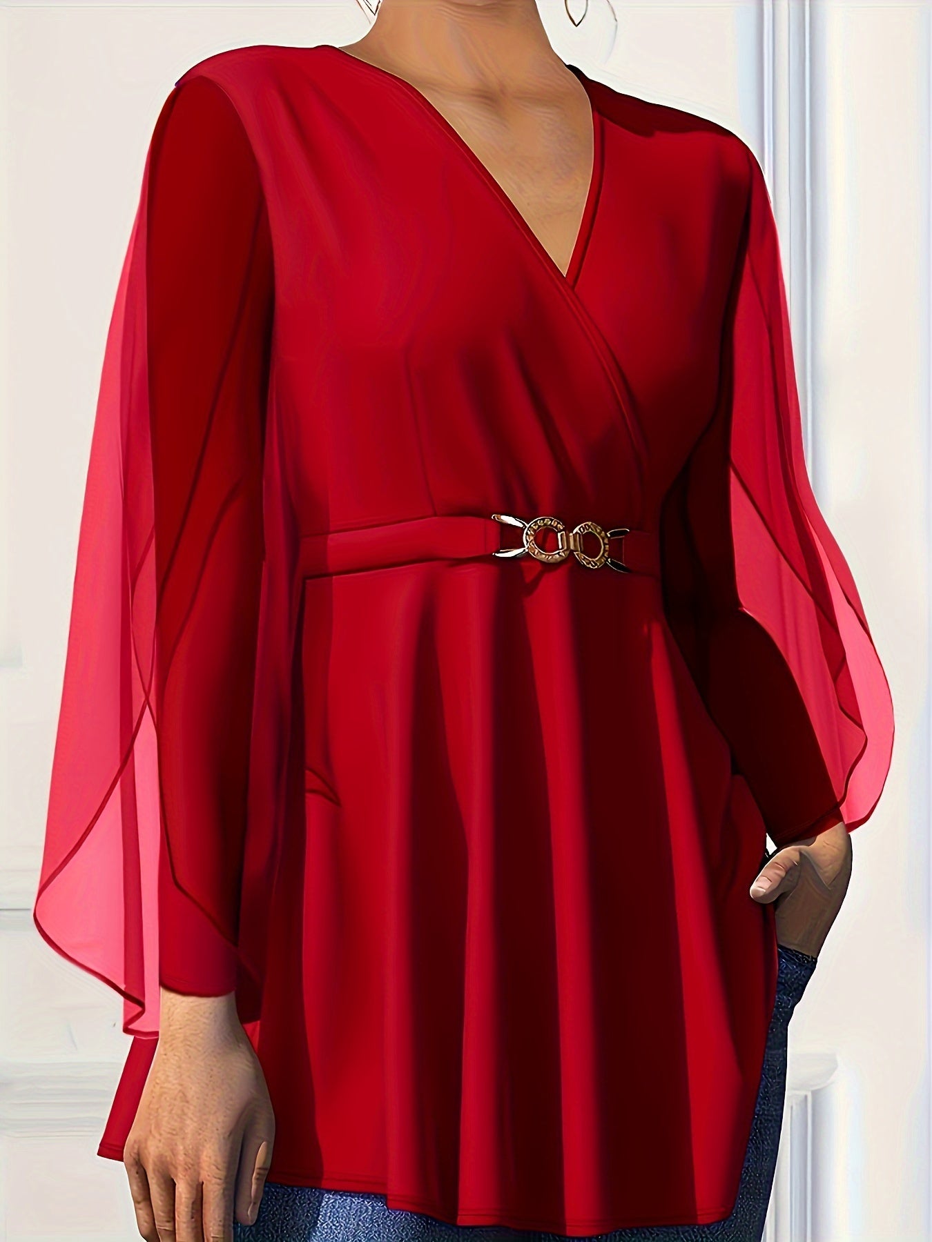 Women's Chiffon V-Neck Blouse with Cinched Waist Long Sleeve Solid Color