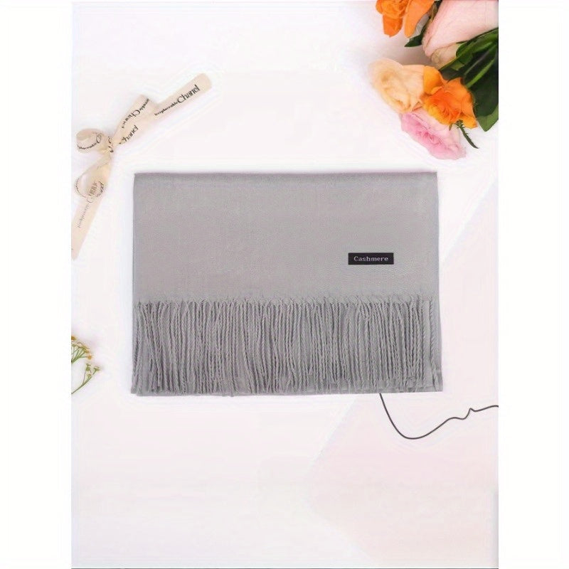 Cashmere-Feel Boho Tassel Scarf for Fall Winter Solid Colors Windproof Stylish
