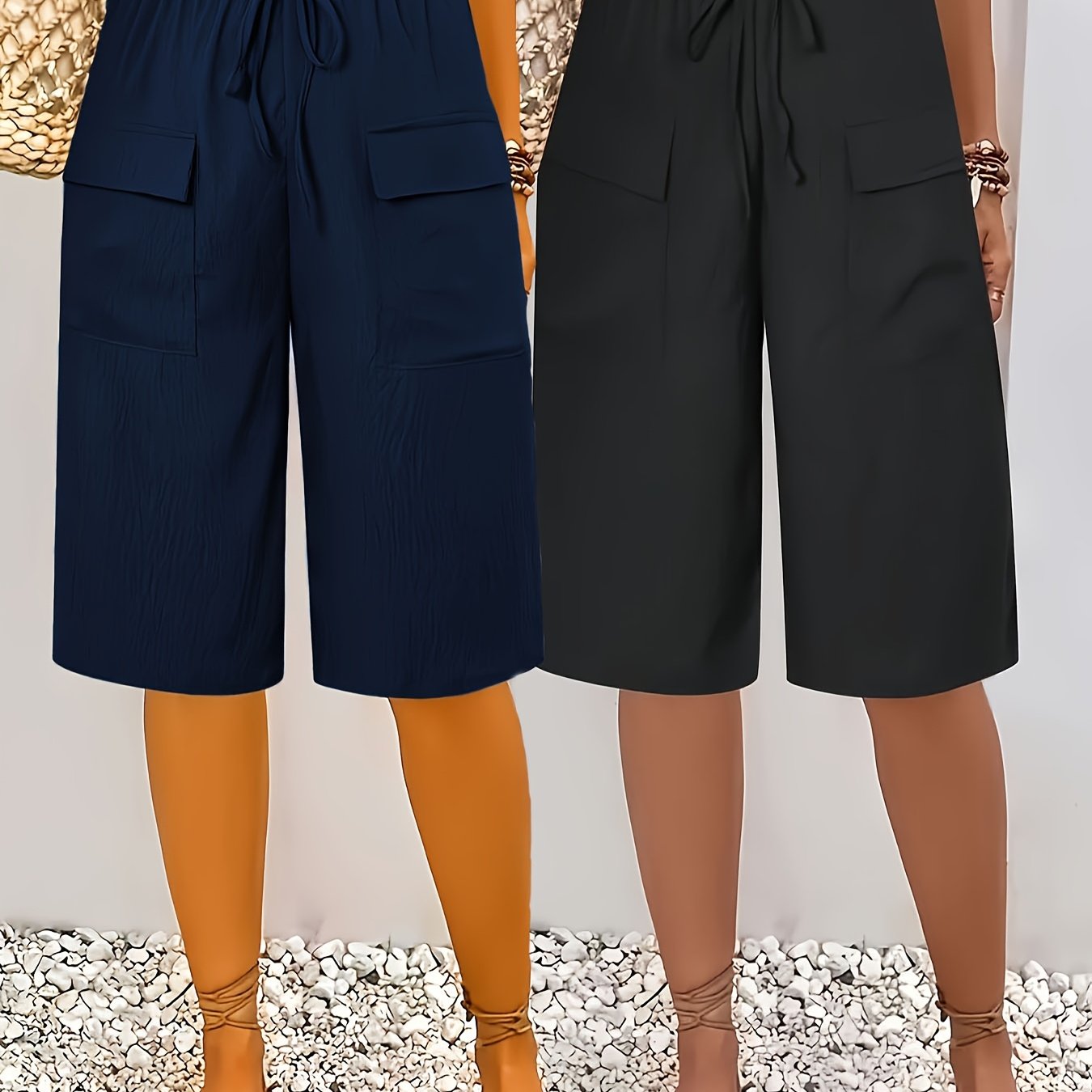 Women's Plus Size Pocket Straight Pants Set Casual Elastic Waist Solid Color