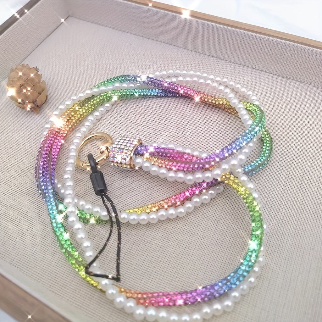 Pearl Rhinestone Long Lanyard PVC Phone Key Holder with Universal Attachment