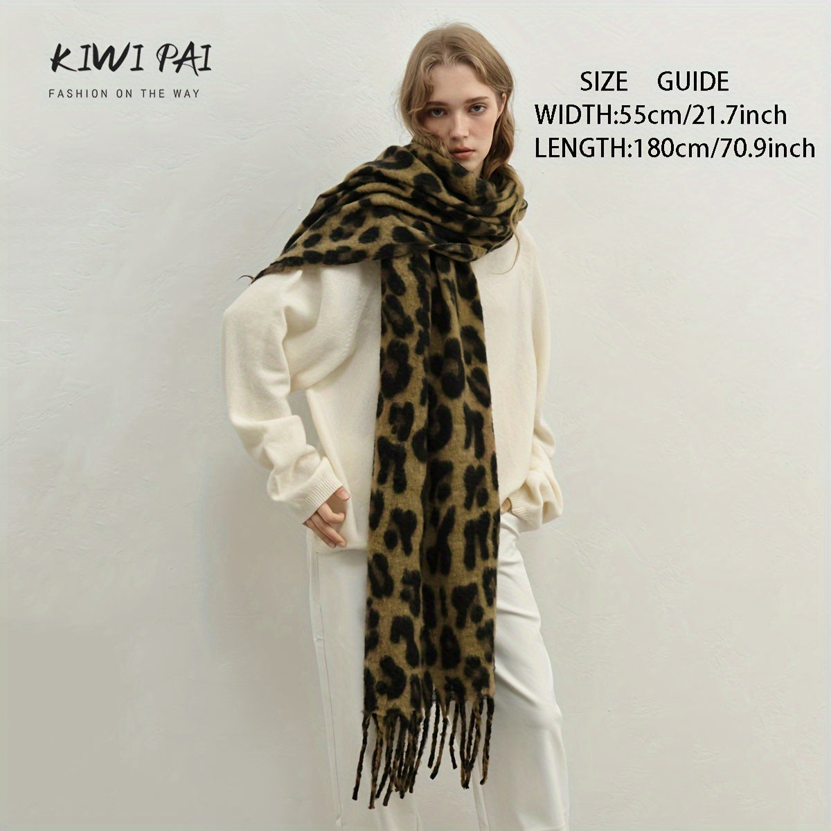 Leopard Print Scarf Cozy Thick Versatile Autumn Winter Polyester Khaki Brown Camel