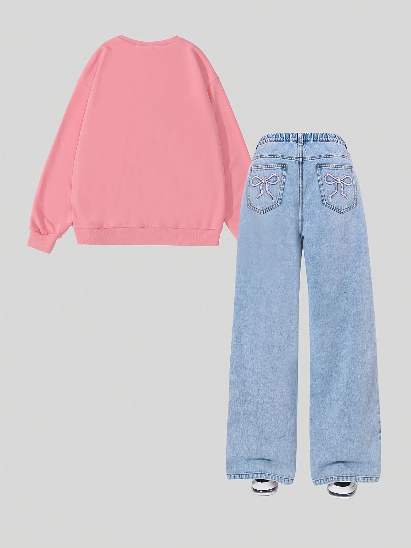 Girls Kids Hoodie and Jeans Set with Butterfly Pattern and Embroidered Bow