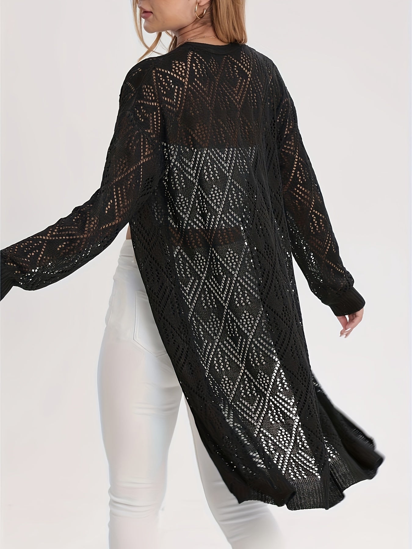 Plus-Size Women's Lace Cardigan Open Front Beach Cover-Up Lightweight Spring Summer Black