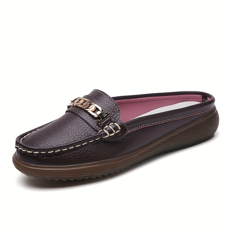 Women’s Fashion Mules Slip-Resistant Flats with Metallic Buckle in Beige Black Blue