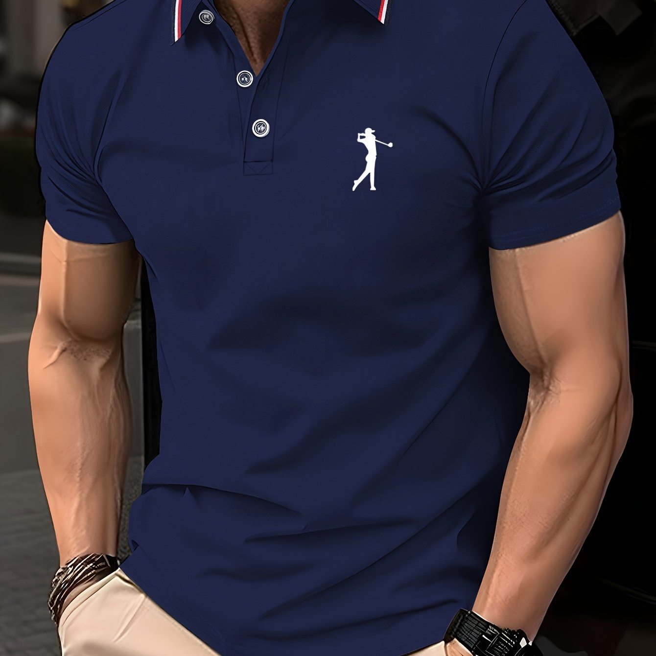 Men's Summer Golf Print Polo Shirt with Geometric Pattern and Short Sleeves