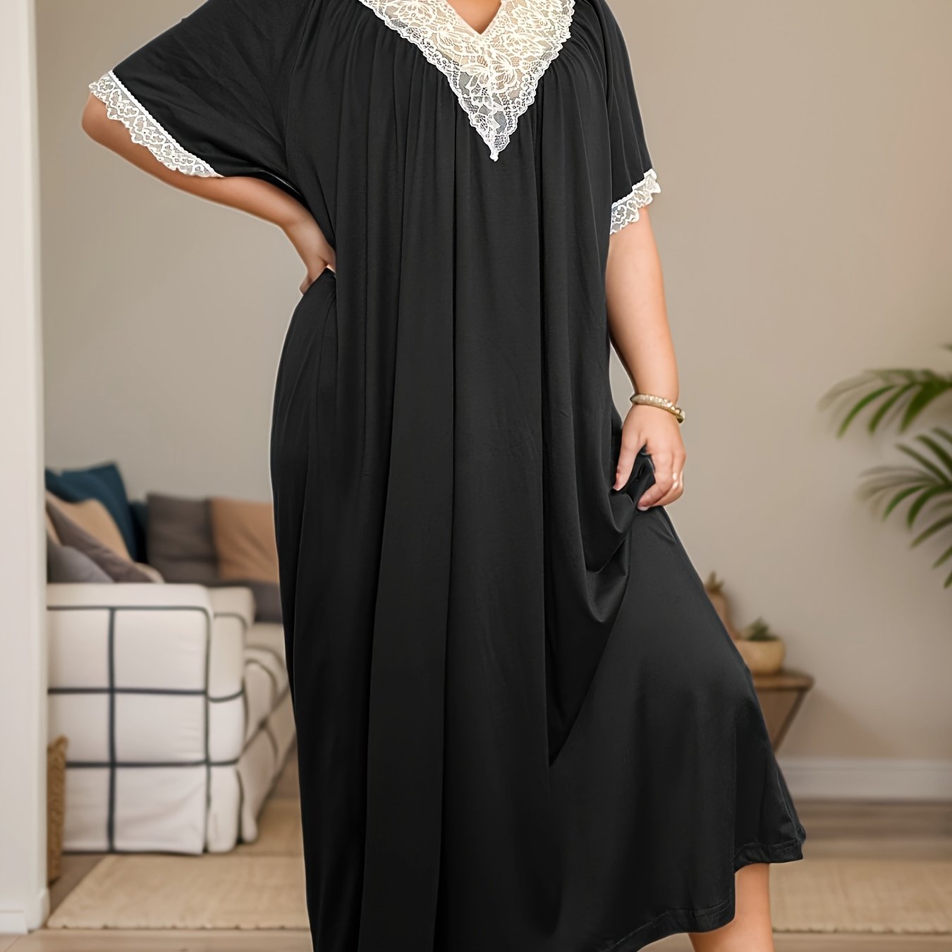 Women's Plus Size Black Midi Nightdress with White Lace V-Neck Sleepwear